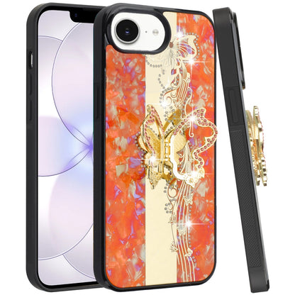 For Apple iPhone 17E /16E Diamonds 3D Butterfly Bling Sparkly Glitter Ornaments Engraving Hybrid Metal Fashion Case Cover Enchanted Butterfly Cosmic Orange