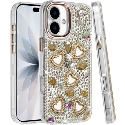 Phone Case for Apple iPhone 17 (6.3") Luxury Crystal Heart Rhinestone Diamond Bling Shockproof Hybrid Glitter Protective Stylish Durable Grip Cover
