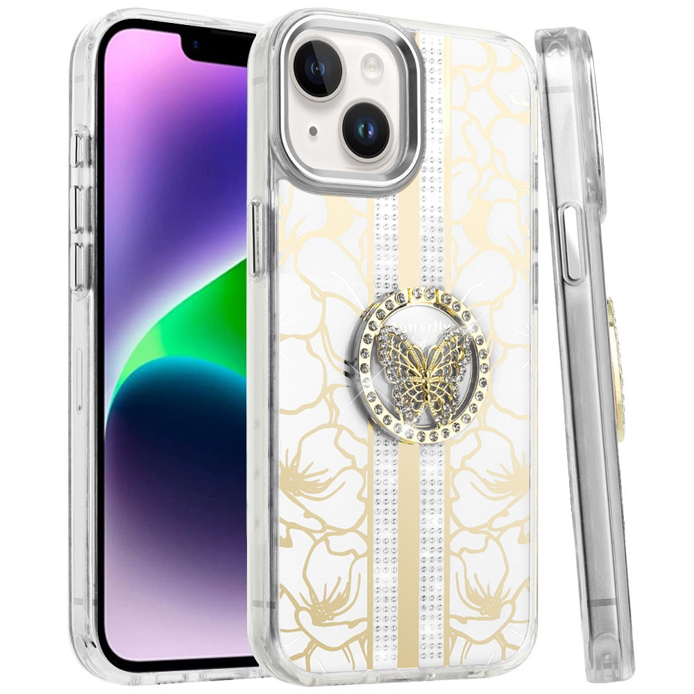 Phone Case for iPhone 14/13 (6.1") Floral Butterfly Ring Stand Glitter Bling Shockproof Hybrid Luxury Fashion Protective Anti Slip Durable Grip Cover White