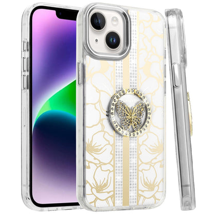 Phone Case for iPhone 14/13 (6.1") Floral Butterfly Ring Stand Glitter Bling Shockproof Hybrid Luxury Fashion Protective Anti Slip Durable Grip Cover White
