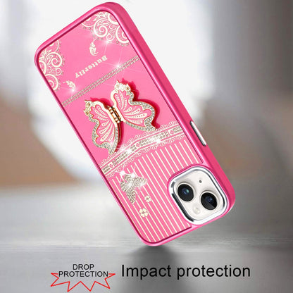 Phone Case for Apple iPhone 15 Glitter Bling Butterfly Stand Metallic Edge Hybrid Shockproof Grip Durable Camera Protection Stylish Design Cover