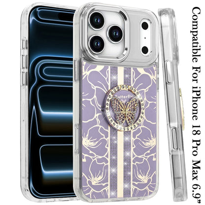 Phone Case for Apple iPhone 18 Pro Max Floral Butterfly Ring Stand Glitter Bling Shockproof Hybrid Luxury Fashion Protective Anti Slip Durable Grip Cover