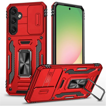 Phone Case for Samsung Galaxy A57 Tough Metal Ring Shockproof Sliding Camera Window Hybrid Armor Rugged Anti Slip Heavy Duty Grip Cover Red