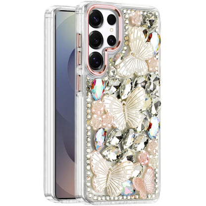 For Samsung Galaxy S23 Ultra 3D Diamond Floral Butterfly Bling Stone Hybrid, Sparkly Rhinestone Gemstone Back Shockproof Case Cover