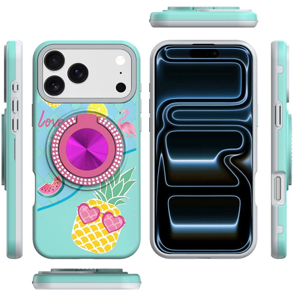 For Apple iPhone 17 Pro Pattern Design Hybrid with Invisible Ring Stand & Magnetic Back, Shockproof Protective Grip Case Cover