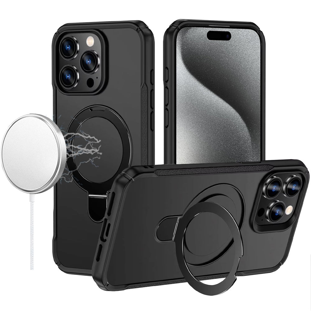 For Apple iPhone 15 Pro Max Matte Finish Magnetic Ring Hybrid Protective Invisible Kickstand Magsafe Compatible Case Cover Black