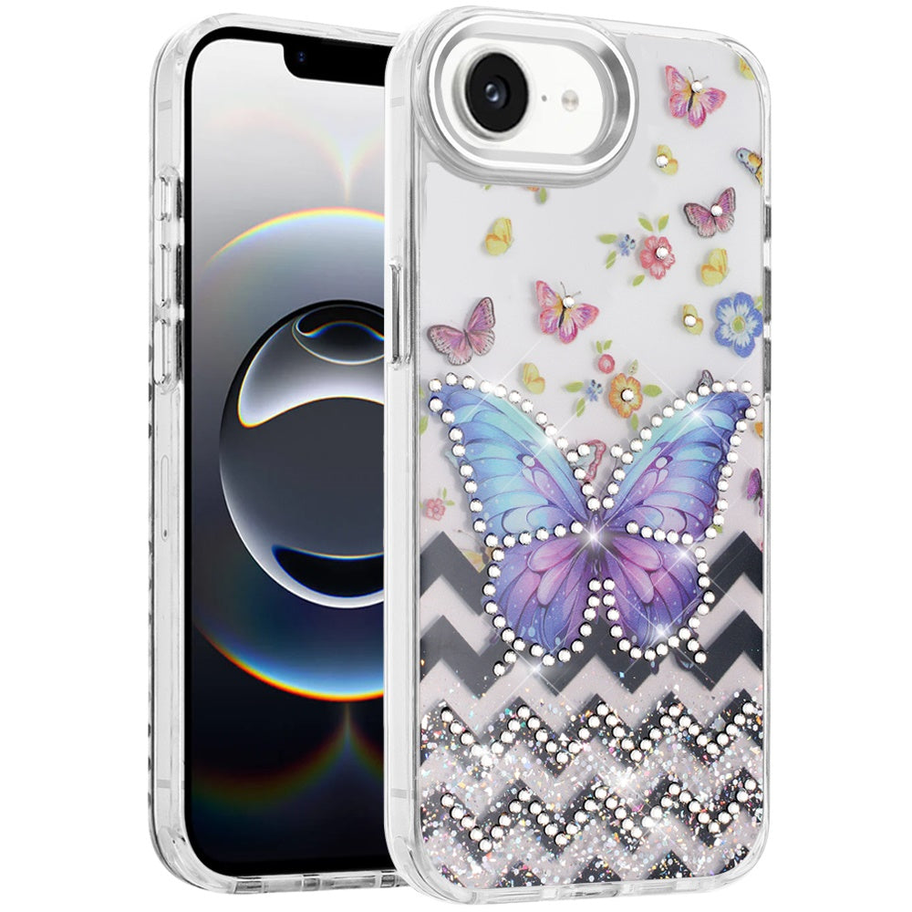 For Apple iPhone 17E /16E Butterfly Resin Epoxy Diamond Design Metal Edged Hybrid Shockproof Heavy Duty Drop Protection Case Cover
