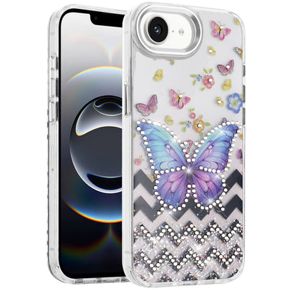 For Apple iPhone 17E /16E Butterfly Resin Epoxy Diamond Design Metal Edged Hybrid Shockproof Heavy Duty Drop Protection Case Cover