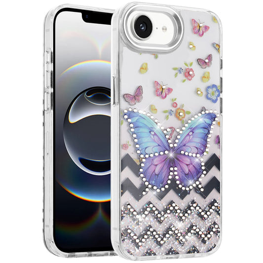 For Apple iPhone 17E /16E Butterfly Resin Epoxy Diamond Design Metal Edged Hybrid Shockproof Heavy Duty Drop Protection Case Cover