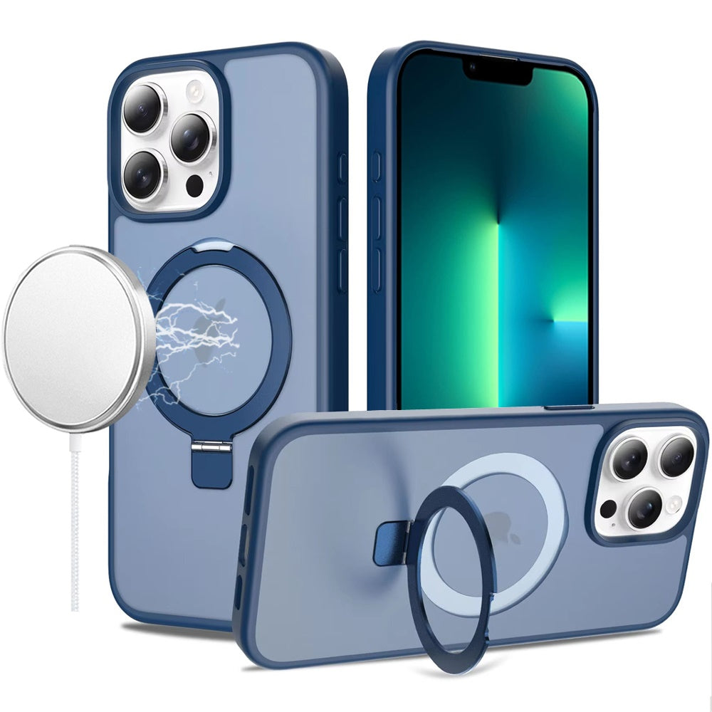 Phone Case for Apple iPhone 13 Pro Max Magnetic Ring Stand Full Rotation Matte Shockproof Grip Anti Slip Durable Camera Protection Hybrid Cover Blue