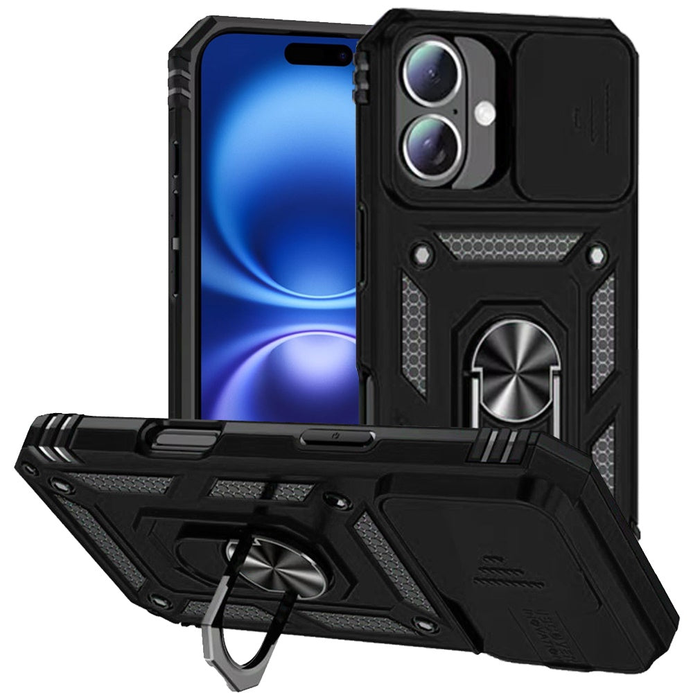 For Apple iPhone 17 (6.3") Hybrid Ring Shockproof with 360° Rotate Ring Kickstand, Camera Lens Protection, Soft Edge Bumper Case Cover