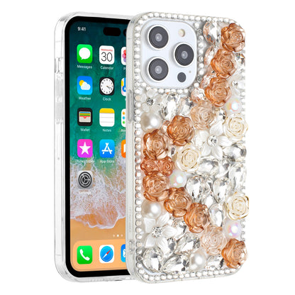 For iPhone 15 (6.1") Fashion Rose Flower Floral Bling Crystal 3D Full Diamonds Pearl Sparkle Rhinestone Glitter Hybrid Case Cover Yellow