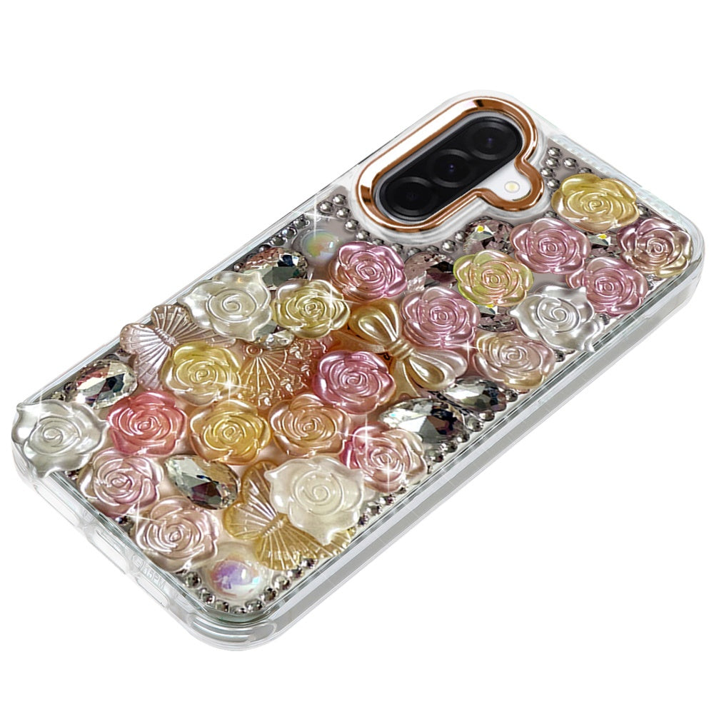 Phone Case for Samsung Galaxy A27 3D Flower Bling Rhinestone Glitter Cute Stylish Shockproof Protective Decorative Luxury Grip Stones Ornaments Cover