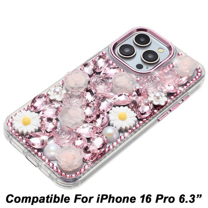 Phone Case for Apple iPhone 16 Pro Full Bling Rhinestone Glitter Floral Luxury Hybrid Shockproof Stylish Sparkling Protective Designer Ornament Cover