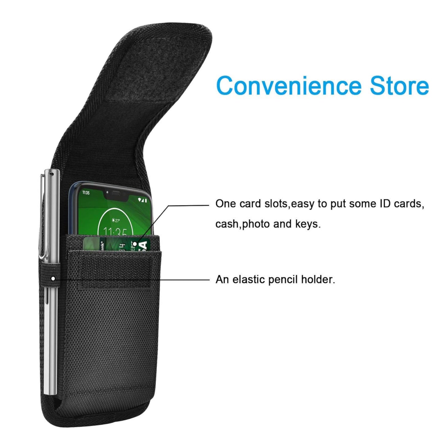 For Apple iPhone 16 Pro (6.3") Vertical Nylon Canvas Holster Universal Cell Phone Pouch Velcro Closure with Credit Card Slot & Belt Clip Loop Carabiner [Black]