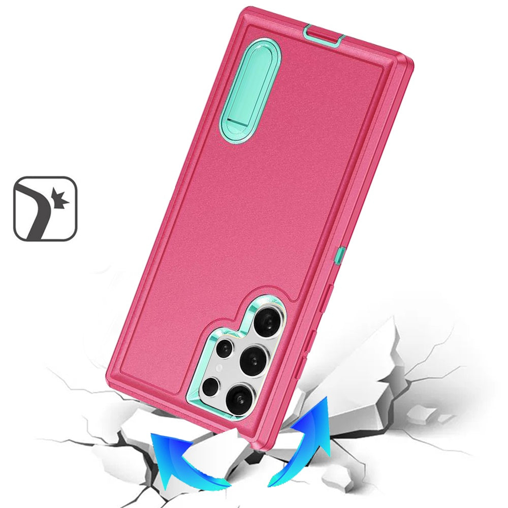 For Samsung Galaxy S25 Ultra Hybrid 3 Layers Hard 3in1 Shockproof with Kickstand Heavy Duty Hard TPU Rubber Anti-Drop Case Cover Teal+Hot Pink