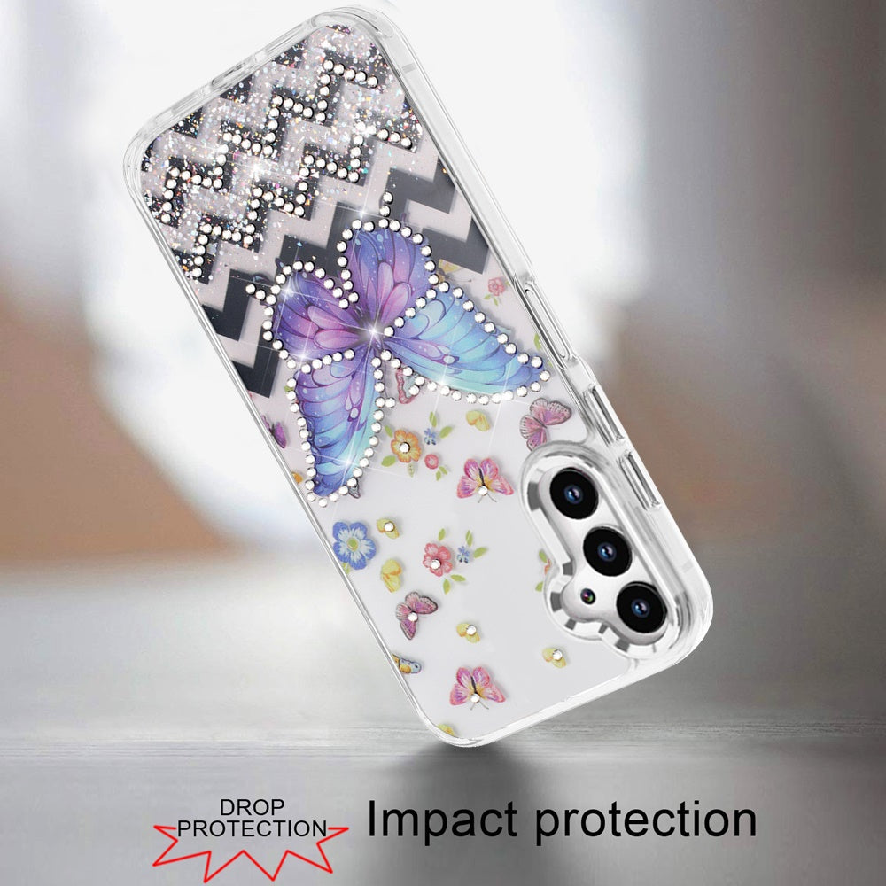 For Samsung Galaxy A16 5G Butterfly Resin Epoxy Diamond Design Metal Edged Hybrid Shockproof Heavy Duty Drop Protection Case Cover