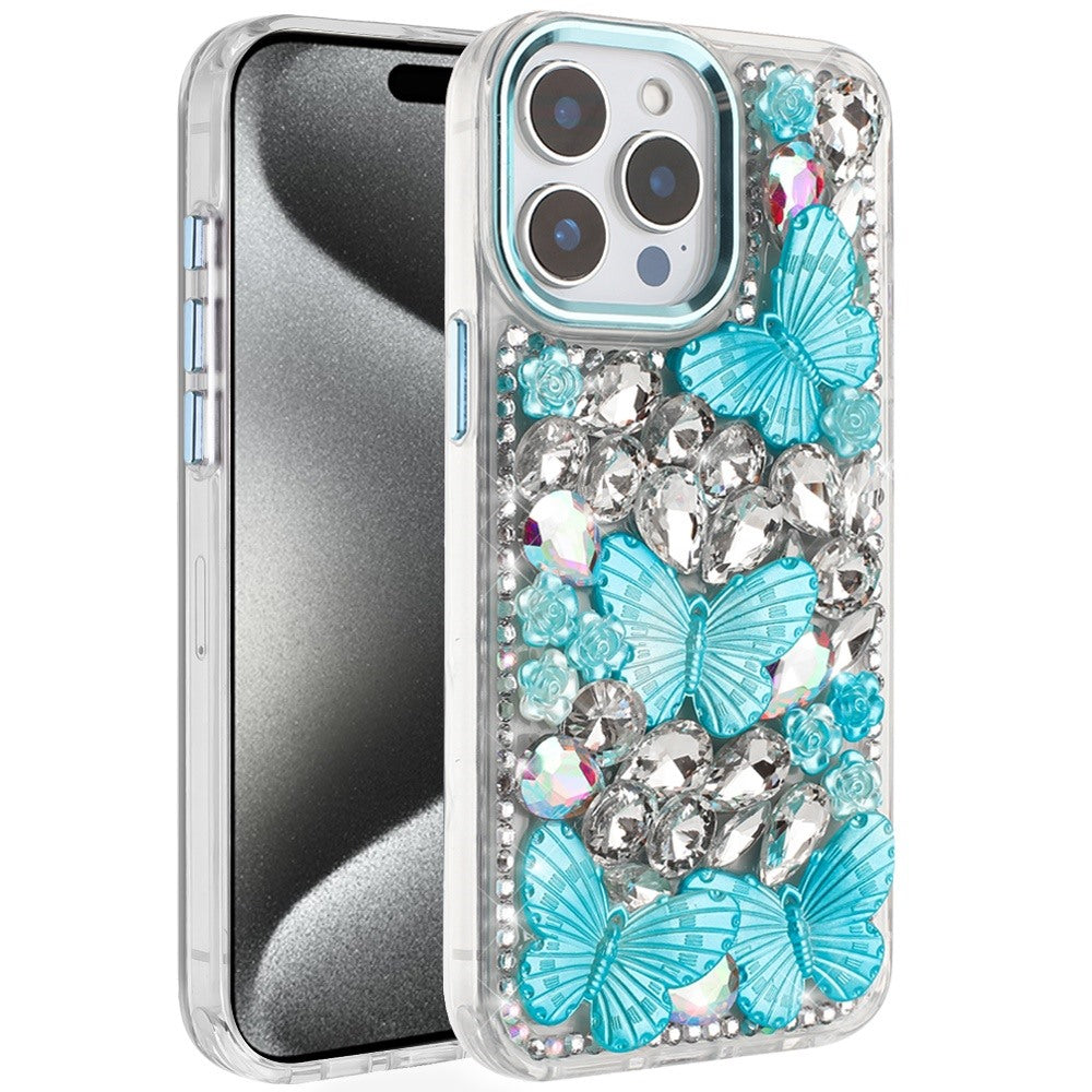 For Apple iPhone 17E /16E 3D Diamond Floral Butterfly Bling Stone Hybrid, Sparkly Rhinestone Gemstone Back Shockproof Case Cover