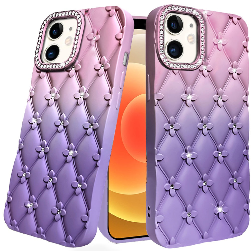 Phone Case for Apple iPhone 12 /12 Pro Floral Glitter Shimmer Bling Hybrid Shockproof Anti Slip Thick TPU Protective Stylish Design Cover Pink
