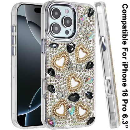 Phone Case for Apple iPhone 16 Pro Luxury Crystal Heart Rhinestone Diamond Bling Shockproof Hybrid Glitter Protective Stylish Durable Grip Cover