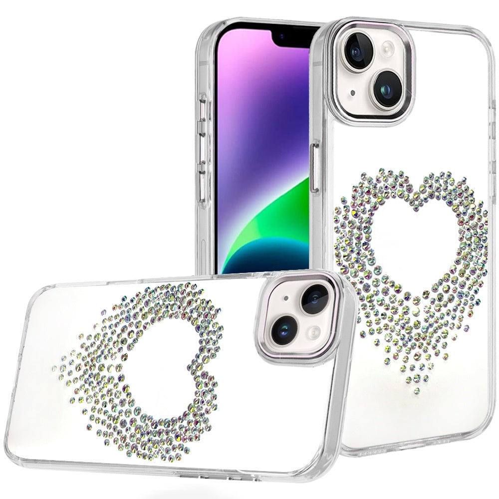 Phone Case for Apple iPhone 14 Angel Hearts Bling Shimmer Colorful Glitter Chrome Edge Shockproof Stylish Hybrid Design Cover Silver