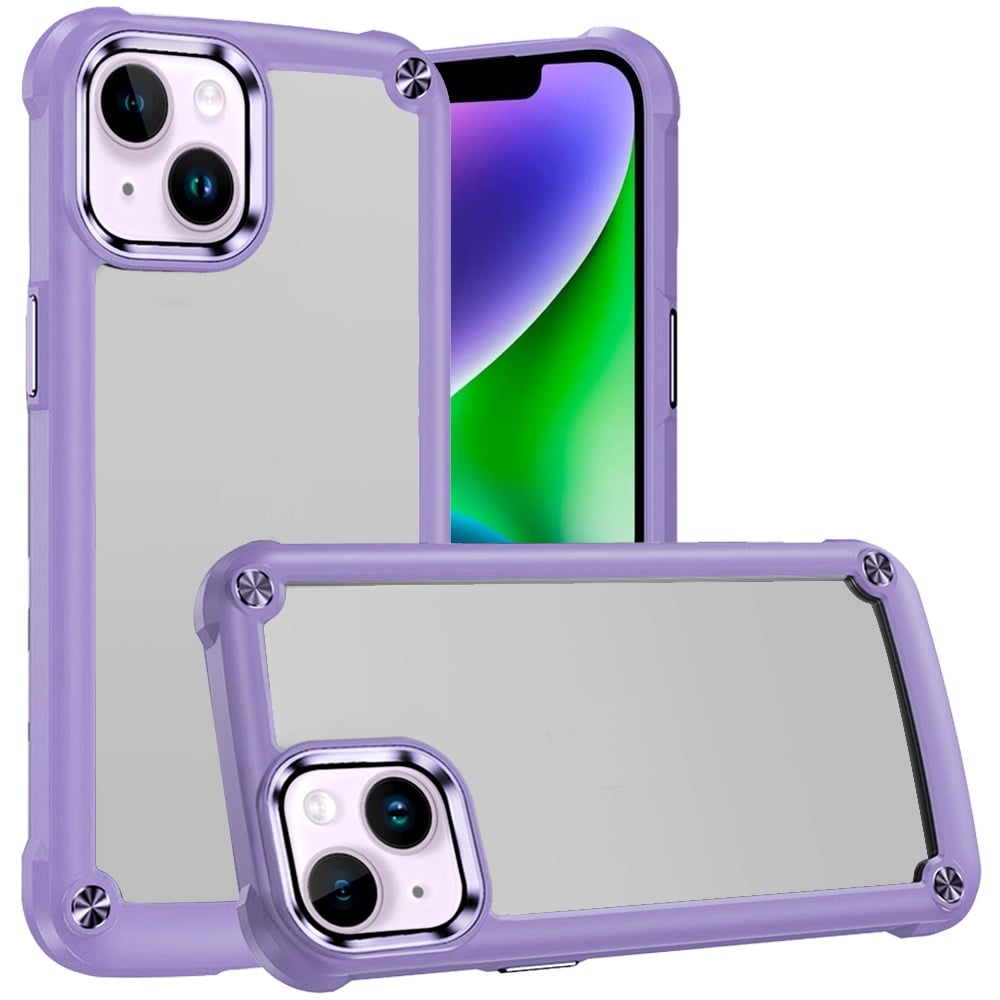 For iPhone 14/13 (6.1") Hybrid Transparent Rubber with Metal Buttons & Camera Edges Hard TPU Corner Frame Bumper Case Cover Light Purple