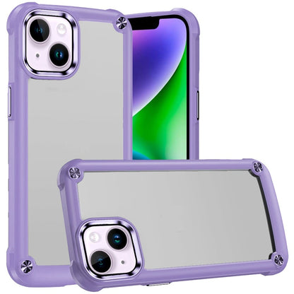 For iPhone 14/13 (6.1") Hybrid Transparent Rubber with Metal Buttons & Camera Edges Hard TPU Corner Frame Bumper Case Cover Light Purple