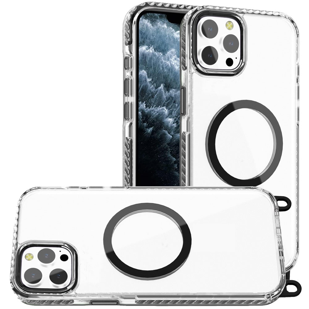 For Apple iPhone 11 Pro Max Clear Magnetic Frame PC Back Shockproof Protective Case with Detachable Lanyard Strap, Compatible with MagSafe Case Cover Black