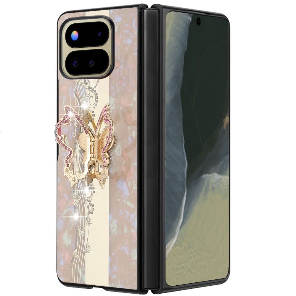 Phone Case for Google Pixel 11 Pro Fold Diamond Glitter Butterfly Engraved Ring Stand Luxury Bling Hybrid Shockproof Chrome Edge Protective Durable Grip Cover