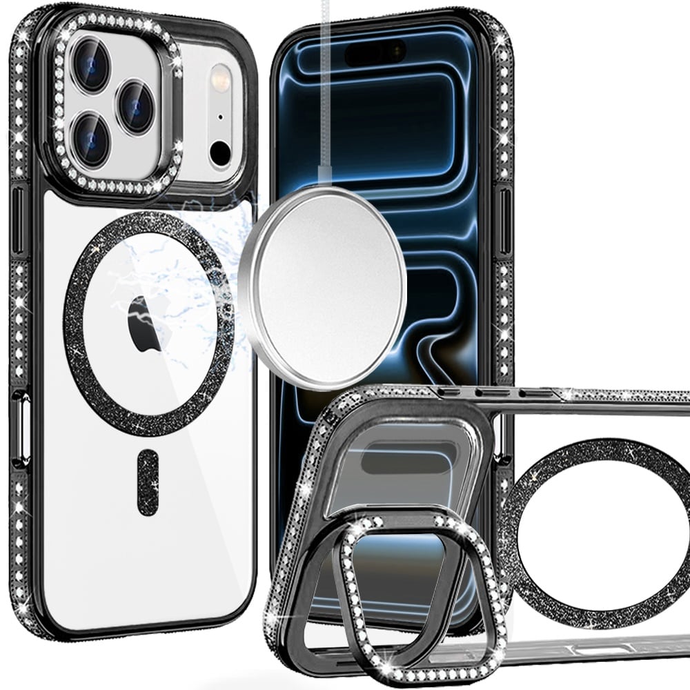 Phone Case for Apple iPhone 17 Pro Max Luxury Diamond Bling Edged Magnetic Glitter Shockproof Hybrid with Camera Kickstand Durable Grip Cover