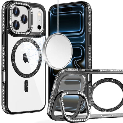Phone Case for Apple iPhone 17 Pro Max Luxury Diamond Bling Edged Magnetic Glitter Shockproof Hybrid with Camera Kickstand Durable Grip Cover