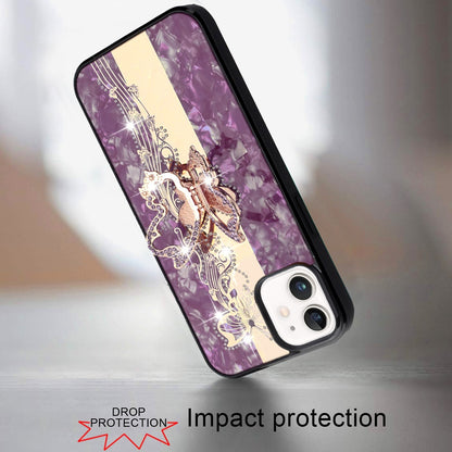Phone Case for Apple iPhone 12 /12 Pro Diamond Glitter Butterfly Engraved Ring Stand Luxury Bling Hybrid Shockproof Chrome Edge Protective Durable Grip Cover Purple