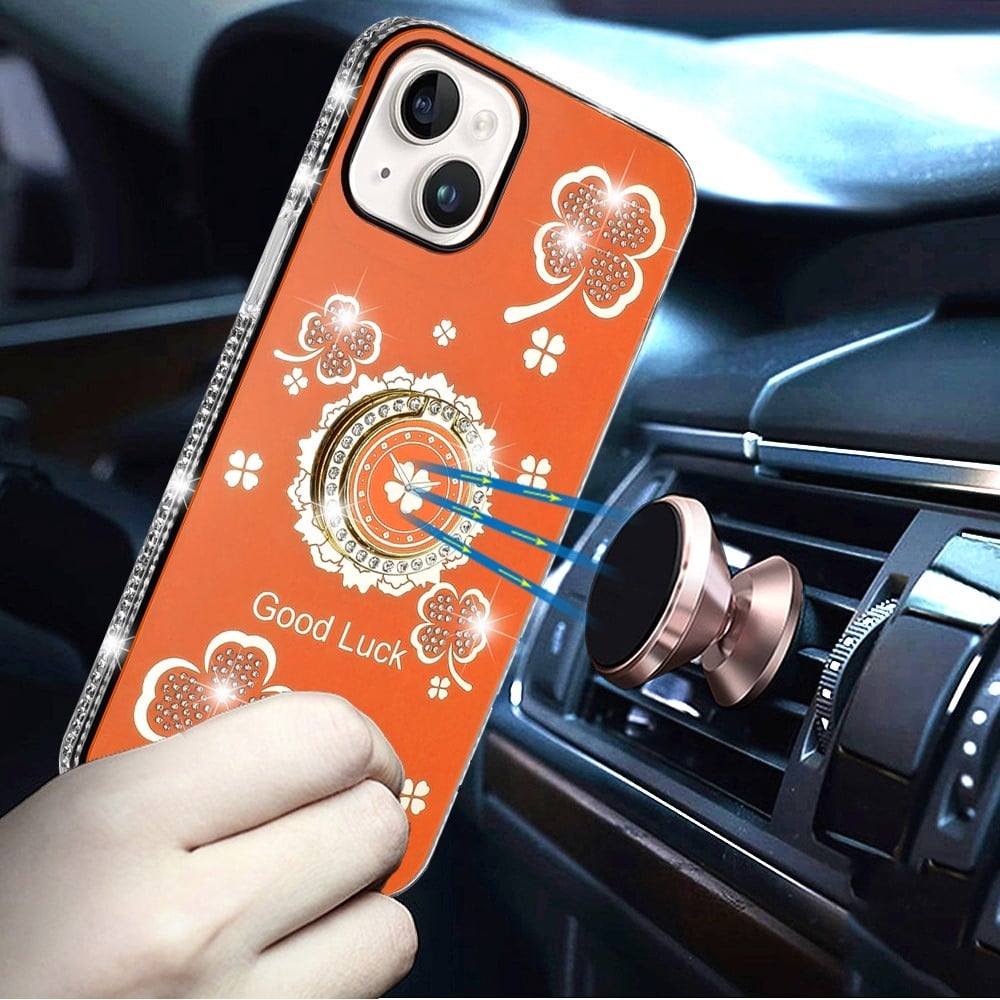 For iPhone 14/13 (6.1") Diamonds Bling All Around Edges Sparkly Glitter Hybrid with Ring Stand Holder Fashion Good Luck Case Cover Cosmic Orange