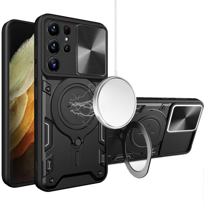 Phone Case for Galaxy S21 Ultra Magnetic Ring Stand Shockproof Hybrid Full Camera Slide Guard Anti Slip Heavy Duty Protective Armor Cover