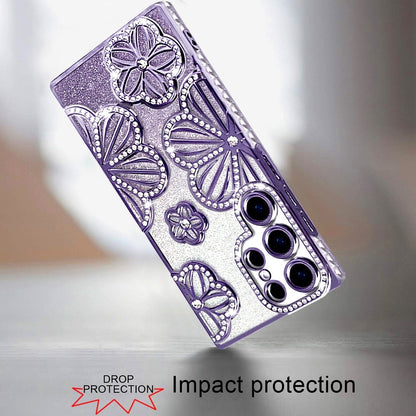 For Samsung Galaxy S23 Ultra Luxury Flower Design Sparkle Glitter Diamond Rhinestone Shimmer Bling Plating Thick TPU Hard PC Case Cover