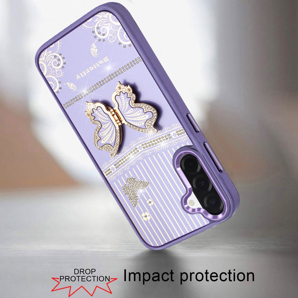 Phone Case for Samsung Galaxy A37 / A36 Glitter Bling Butterfly Stand Metallic Edge Hybrid Shockproof Grip Durable Camera Protection Stylish Design Cover Purple