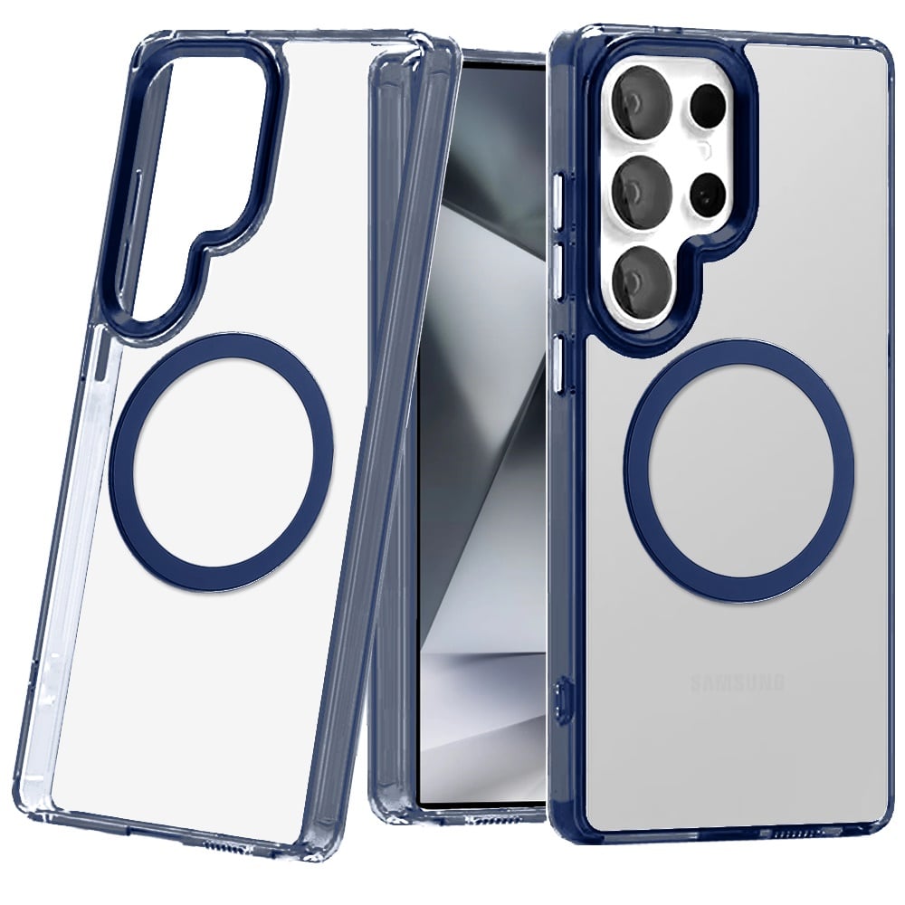 Phone Case for Samsung Galaxy S24 Ultra Magnetic Clear Acrylic Metal Button Camera Guard Shockproof Transparent Slim Grip Premium Hybrid Cover Blue