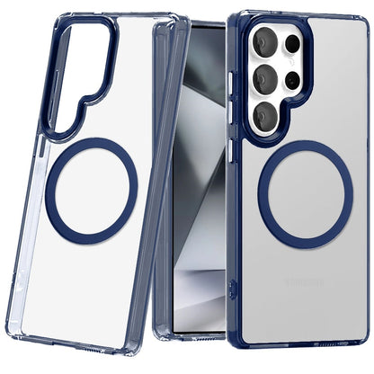 Phone Case for Samsung Galaxy S24 Ultra Magnetic Clear Acrylic Metal Button Camera Guard Shockproof Transparent Slim Grip Premium Hybrid Cover Blue