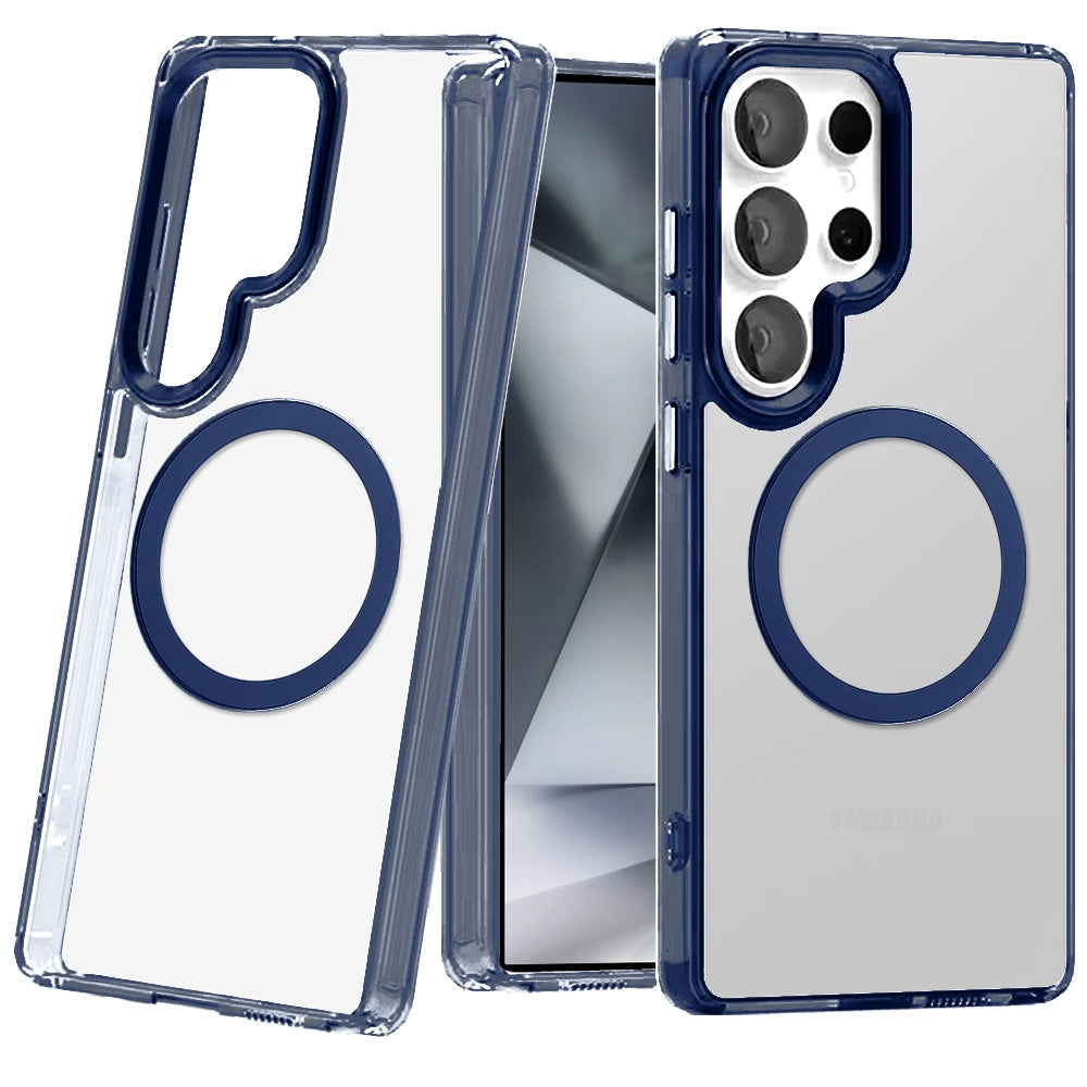 For Samsung Galaxy S23 Ultra Transparent Back Hybrid Case - Magnetic Circle, Color Frame, Metal Buttons, MagSafe Compatible Case Cover