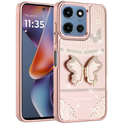 Phone Case for Motorola Moto G Play 5G 2026 Glitter Bling Butterfly Stand Metallic Edge Hybrid Shockproof Grip Durable Camera Protection Stylish Design Cover Rose Gold