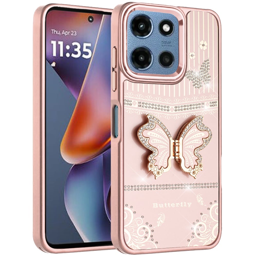 Phone Case for Motorola Moto G 5G 2026 / 2025 Glitter Bling Butterfly Stand Metallic Edge Hybrid Shockproof Grip Durable Camera Protection Stylish Design Cover Rose Gold