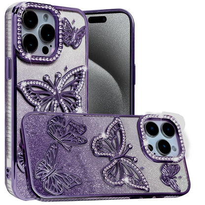 For Apple iPhone 15 Pro Max Luxury Butterfly Sparkle Glitter Diamond Crystal Rhinestone Shimmer Bling Plating Thick TPU Hard PC Case Cover Purple