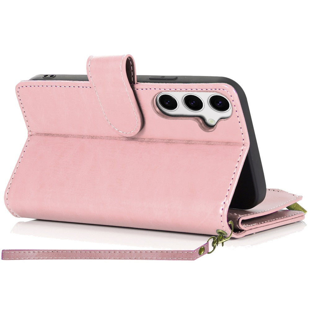 For Samsung Galaxy S25 Ultra Leather Wallet Case with Zipper, 9 Card Slots, Cash Pocket, Stand & Strap, Clutch Pouch Design Case Cover Rose Gold