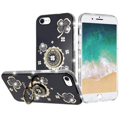 For Apple iPhone 17E /16E Diamonds Bling All Around Edges Sparkly Glitter Hybrid with Ring Stand Holder Fashion Good Luck Case Cover
