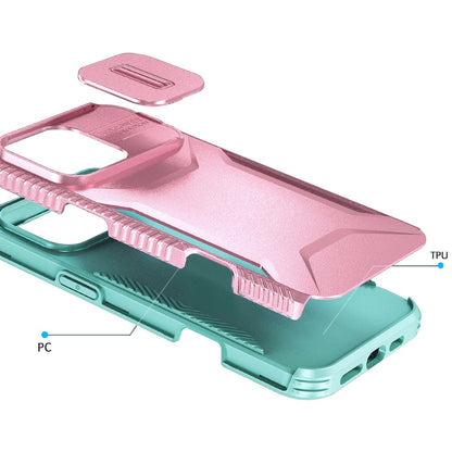 For Apple iPhone 16 Pro Slim Fit Shockproof Hybrid with Slide Camera Window Covering, Rugged Tpu Silicone Hard PC Bumper Case Cover Pink-Teal
