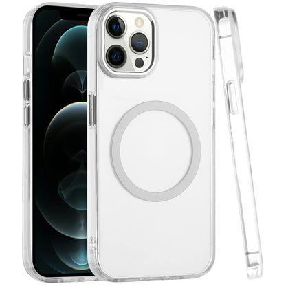 For Apple iPhone 12 Pro Max Transparent Back Hybrid Case - Magnetic Circle, Color Frame, Metal Buttons, MagSafe Compatible Case Cover