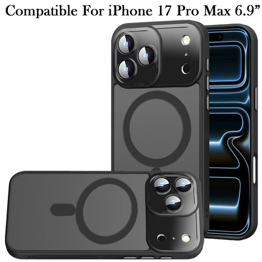 Phone Case for Apple iPhone 17 Pro Max Shockproof Magnetic Hybrid Metal Frame Tempered Camera Glass Lens Protector Military Drop Protection Armor Cover Black
