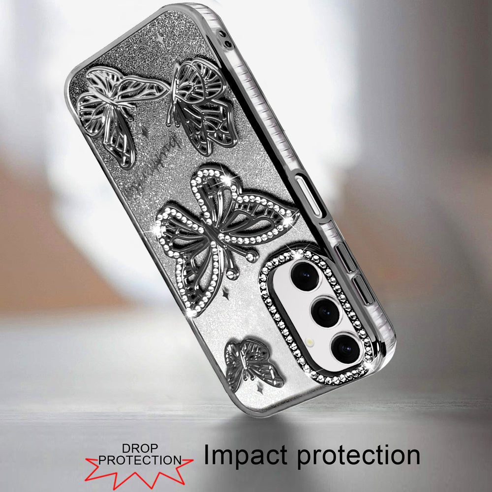 Phone Case for Samsung Galaxy A17 5G Butterfly Freedom Shimmer Glitter Thick TPU Shockproof Anti Slip Durable Protective Design Cover Black