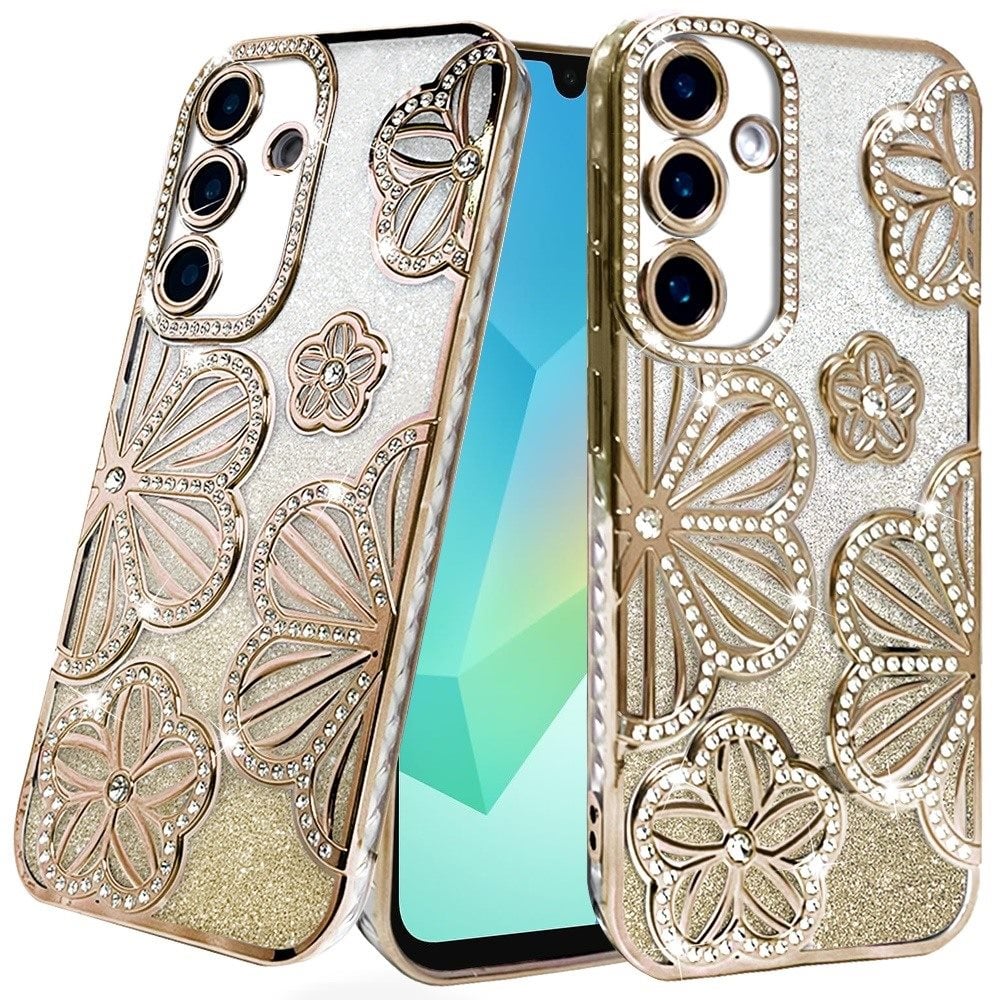 For Samsung Galaxy A16 5G Luxury Flower Design Sparkle Glitter Diamond Rhinestone Shimmer Bling Plating Thick TPU Hard PC Case Cover Gold
