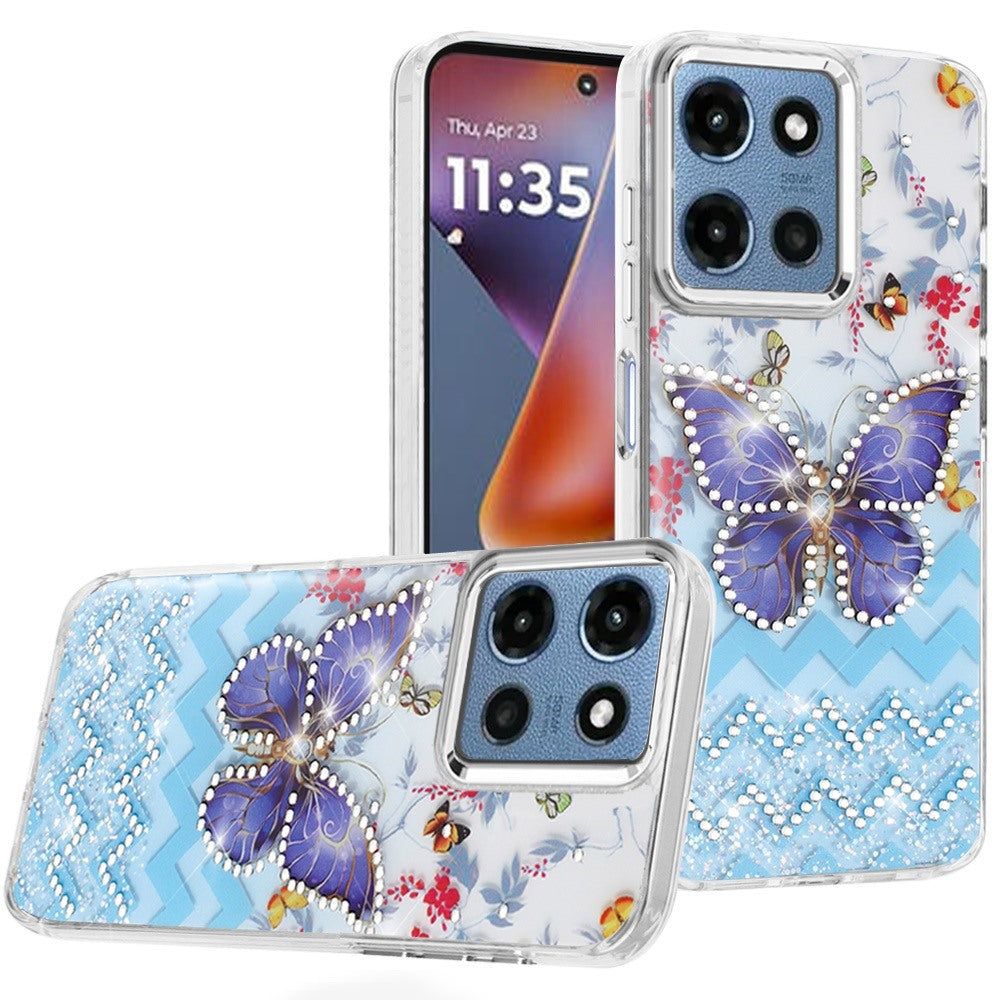 For Motorola Moto G 5G 2026/2025 Butterfly Resin Epoxy Diamond Design Metal Edged Hybrid Shockproof Heavy Duty Drop Protection Case Cover
